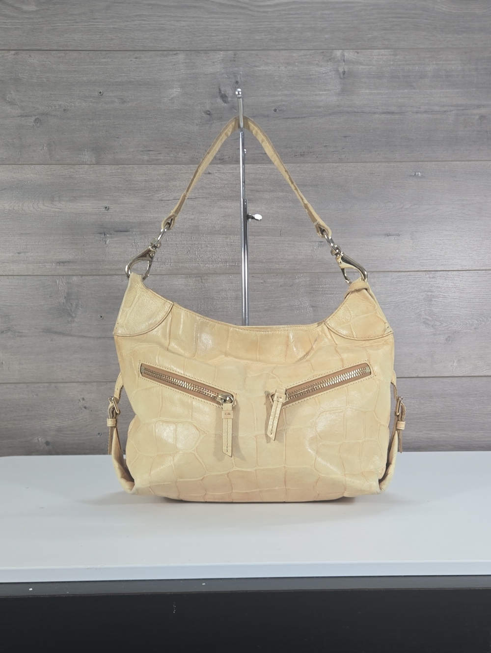 Dooney & Bourke Beige Croc Embossed Leather Satchel Shoulder Bag Tote